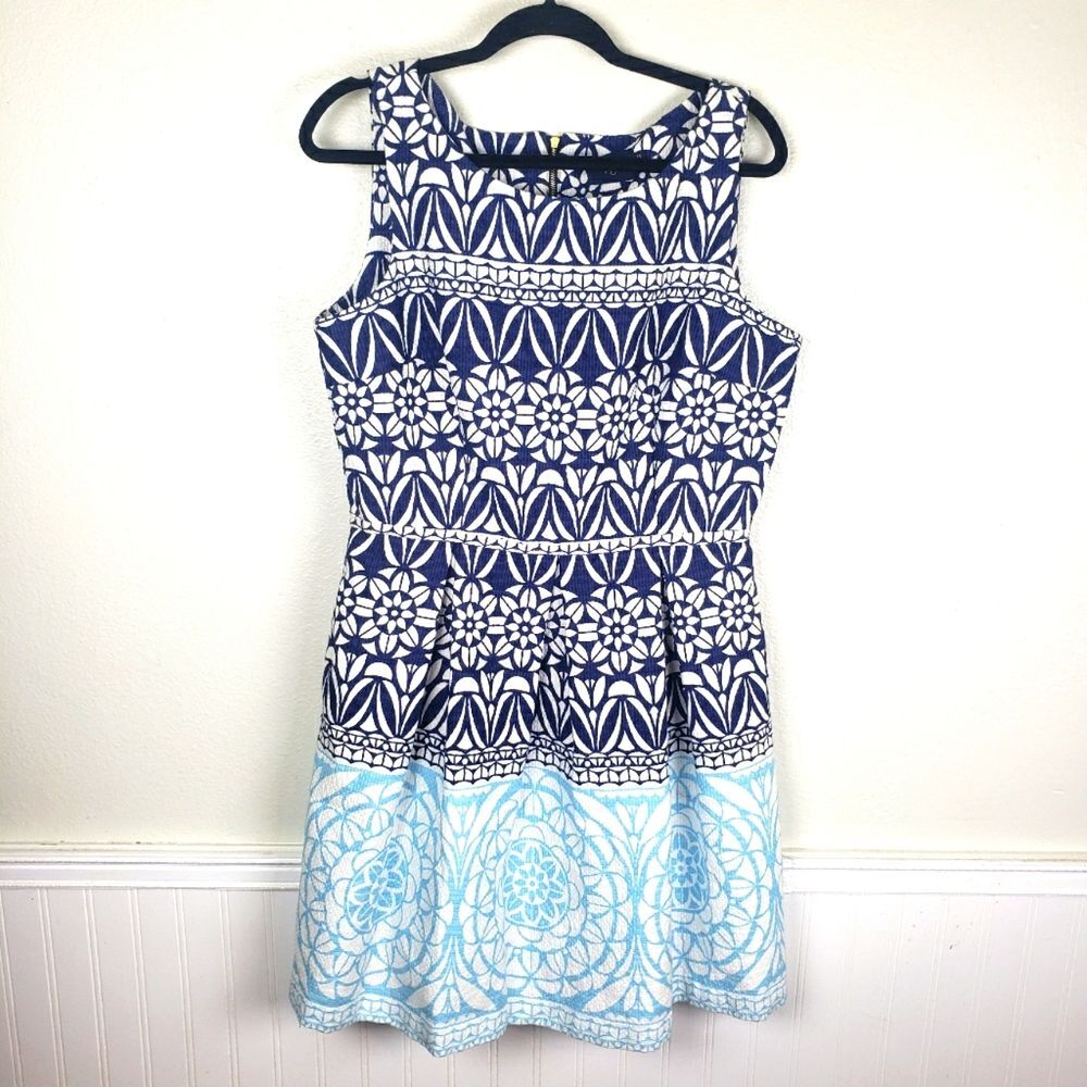 Just Taylor Womens Hombre Blue Geometric Floral Heavy Pleated A-Line Dress SZ 14